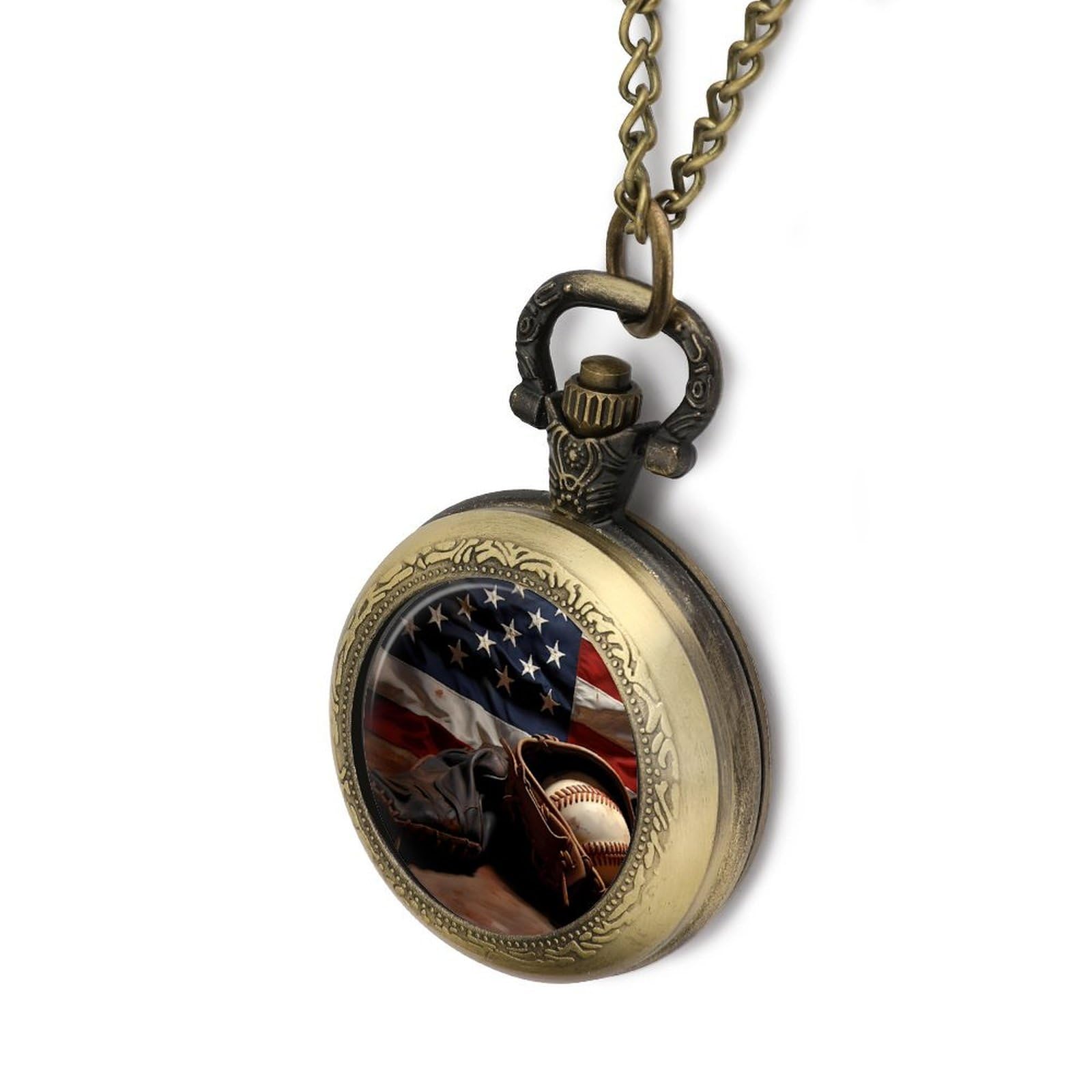 American Baseball Flag Vintage Pocket Watch with Chain Numerals Scale Christmas Graduation Birthday Gifts Valentine's Day Coppery-Style