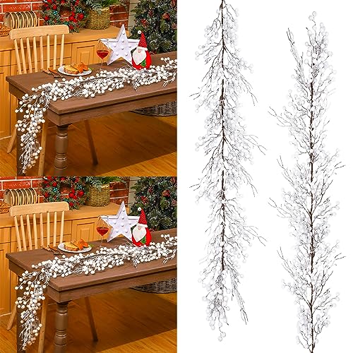 Xinnun 5 ft Christmas Berry Garland Christmas Tree Garland with Frosted Branches and Artificial Snow for Table Stairs Xmas Holiday Fireplace Decorations(White Berry,2 Pieces)