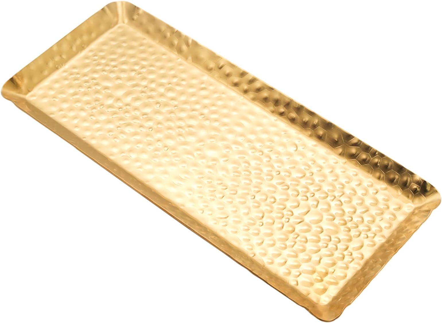 1 Pack 9.8 x 4.3Inch Hammered Serving Tray,Stainless Steel Decorative Small Platter Rectangular Storage Tray,Dish for Restaurant/Stylish Vanity(Gold)