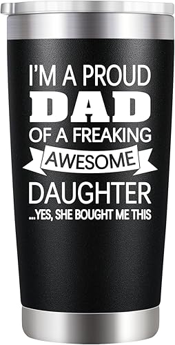 Vaso de acero inoxidable con tapa con texto en inglés "I'm a Proud Dad of a Freaking Awesome Daughter", regalo para papá de hija, hijo, esposa para