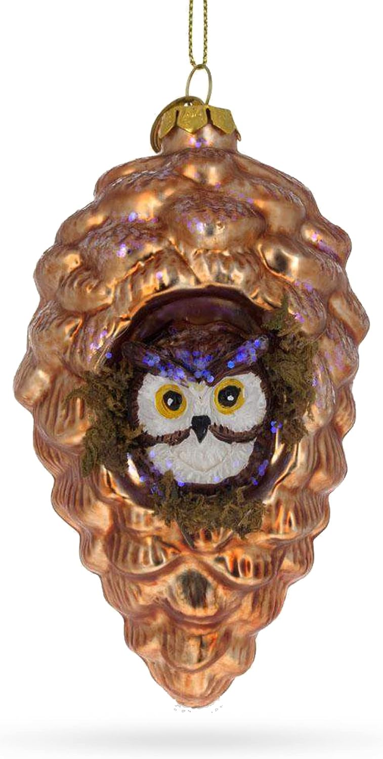 Wise Owl Nestled in Pine Cone Glass Christmas Ornament
