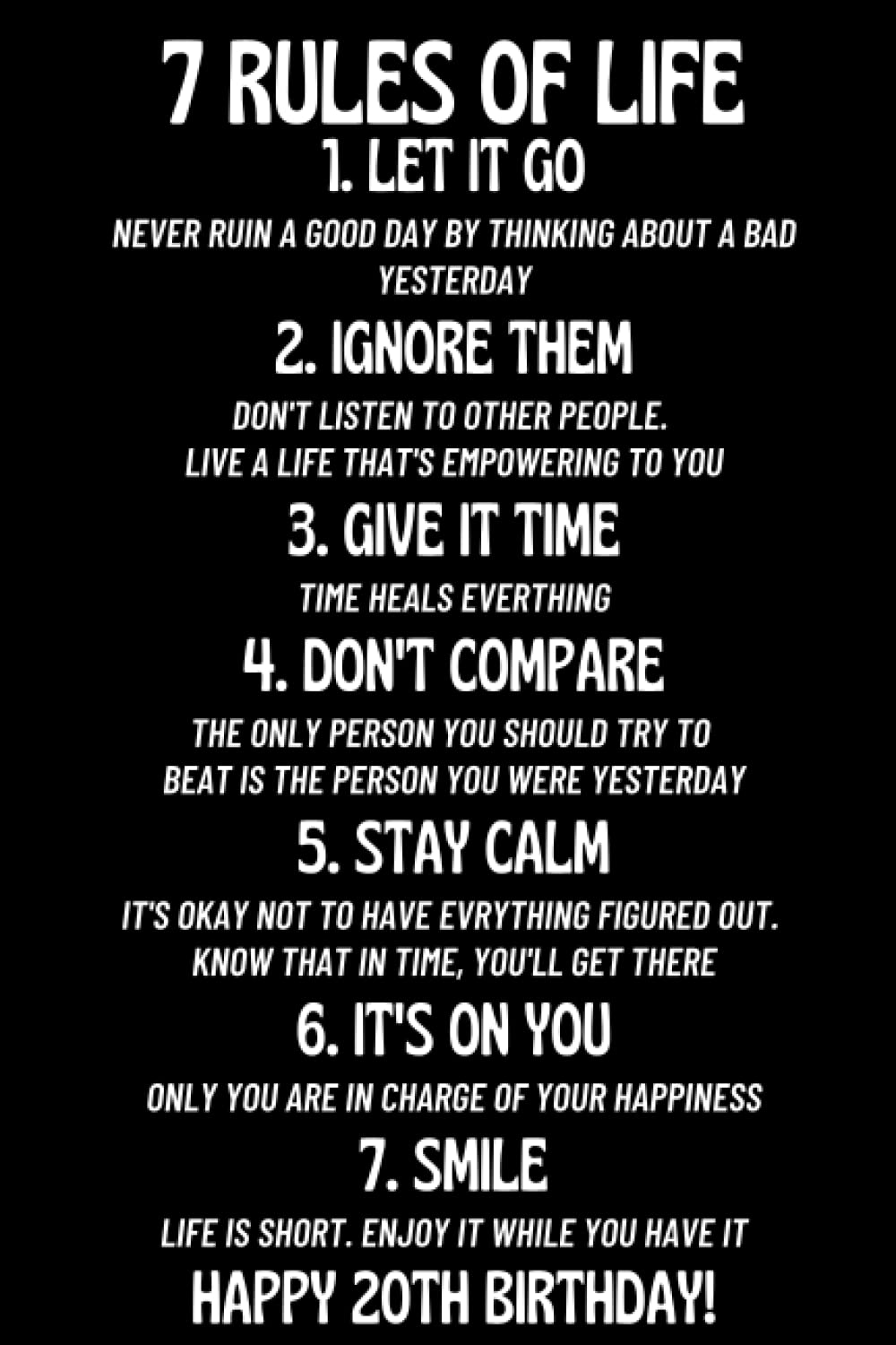 7 Rules of Life | Happy 20th Birthday Gifts For Him & Her: Funny Journal Notebook Diary An Alternative To Greeting Card As 20 Years Old Birthday Gift Present For Men & Women