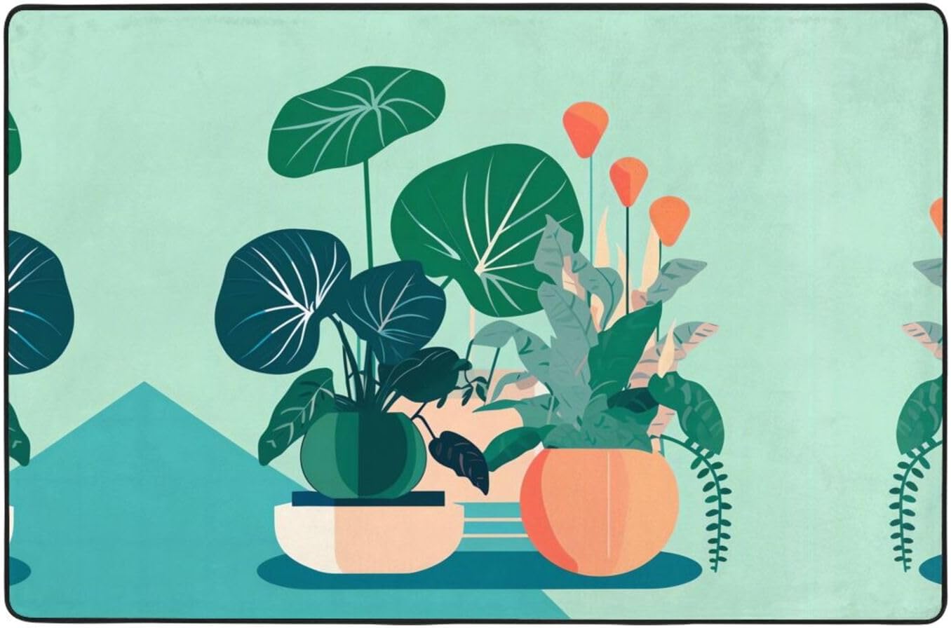 Indoor Cartoon Potted Green Plants Printed Anti-Slip Floor mat Carpet Rug 36"x24" for Living Room Office Coffee Table Bed Balcony