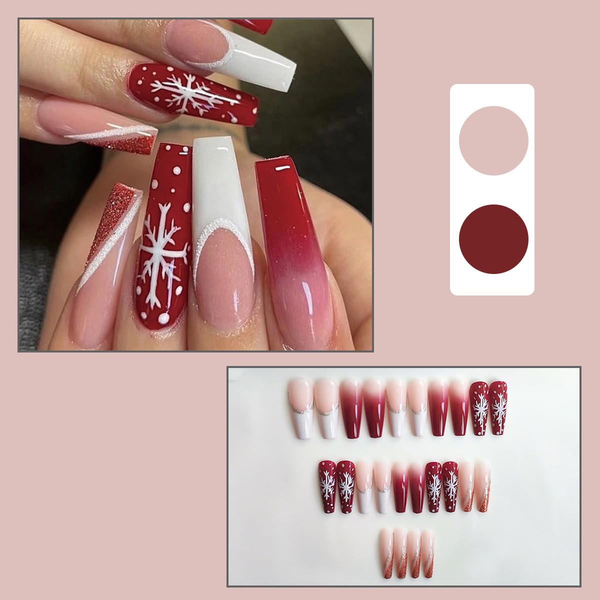 Vividvibe Press On Nails -Christmas Long Coffin Fake Nails,Christmas Snowflake Design?Fit Perfectly?Reusable |12 sizes - 24 pcs