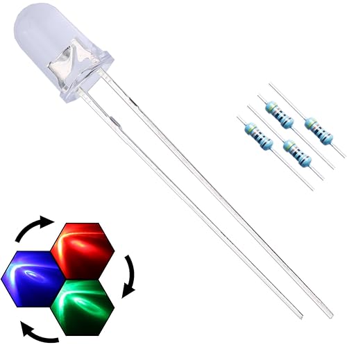 100pcs 5mm RGB Slow Flashing LED Diodes Multicolor (Colors Changed Automatically) Clear Round Lens +100pcs Resistors (for DC 6-12V), Bulb Lamps Light Emitting Diode