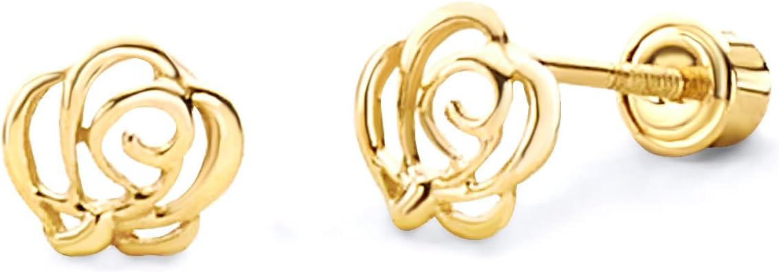 14k REAL Yellow OR Rose Gold Flower Stud Earrings with Screw Back