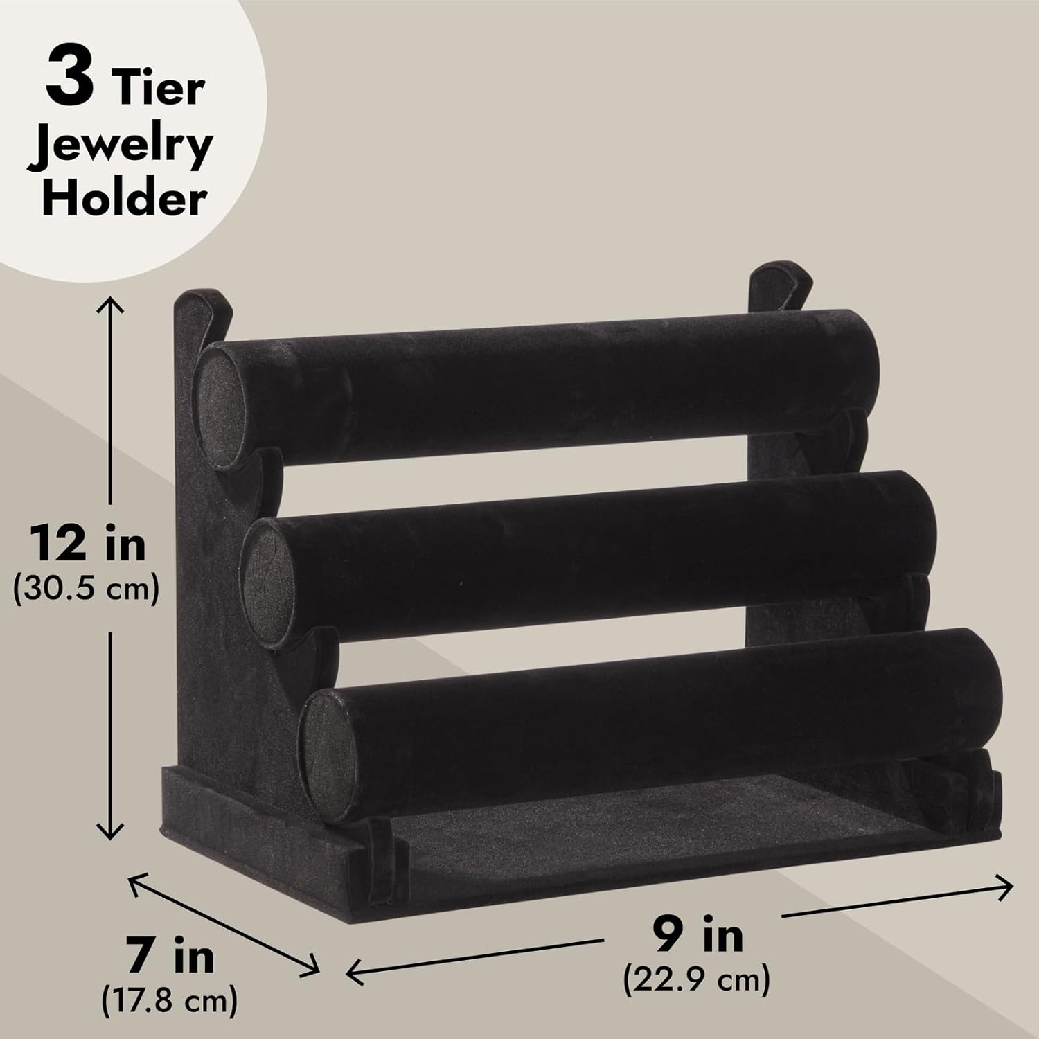 Juvale 3-Tier Velvet Bracelet Holder Stand - Soft Velvet Jewelry Organizer & Display - Secure Detachable Multi-Tier Bracelet Storage - Compact Necklace Holder & Bangle Rack - Black, 12 x 9 x 7 in