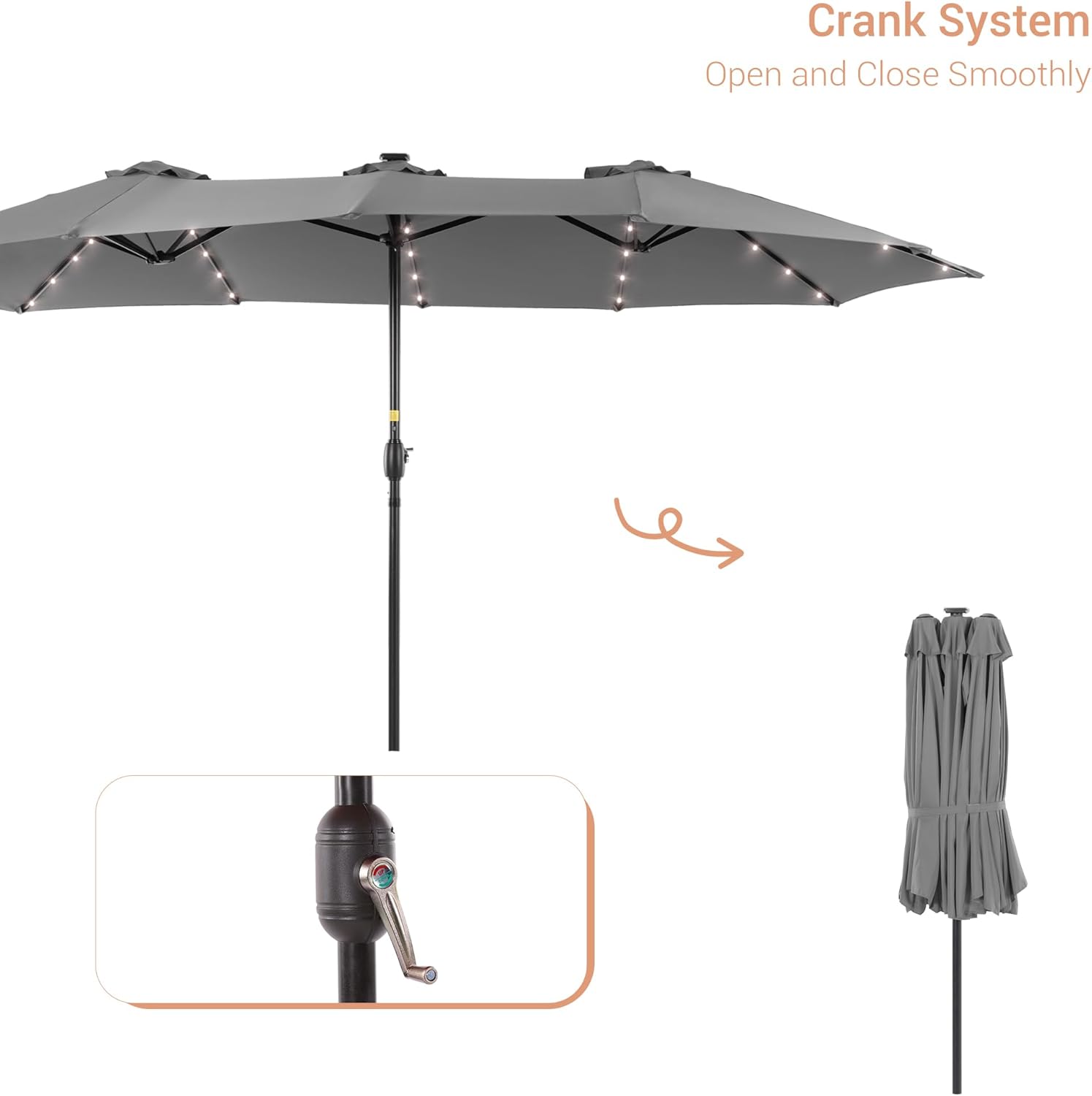 15ft Large Patio Umbrella with Solar Lights, Outdoor Double-Sided Rectangle Market Umbrella with 12 Sturdy Ribs for Garden Deck Backyard Pool(No Base)