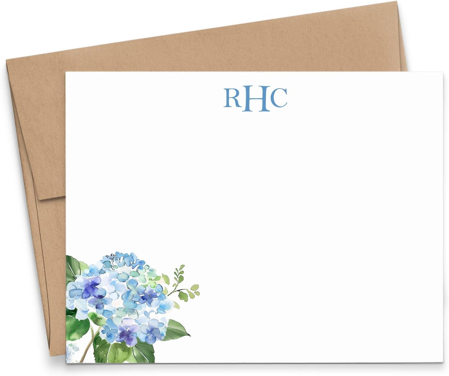 Personalized Blue Hydrangea Monogrammed Stationery, FLAT Monogram Note Cards With Flowers, Watercolor Floral Notecards With Envelopes, Elegant Stationary With Name, Your Choice Of Colors And Quantity