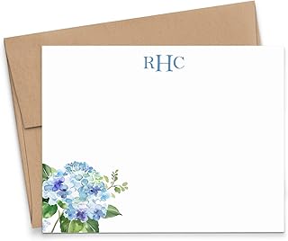 Personalized Blue Hydrangea Monogrammed Stationery, FLAT Monogram Note Cards With Flowers, Watercolor Floral Notecards With Envelopes, Elegant Stationary With Name, Your Choice Of Colors And Quantity