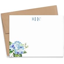 Personalized Blue Hydrangea Monogrammed Stationery, FLAT Monogram Note Cards With Flowers, Watercolor Floral Notecards With Envelopes, Elegant Stationary With Name, Your Choice Of Colors And Quantity