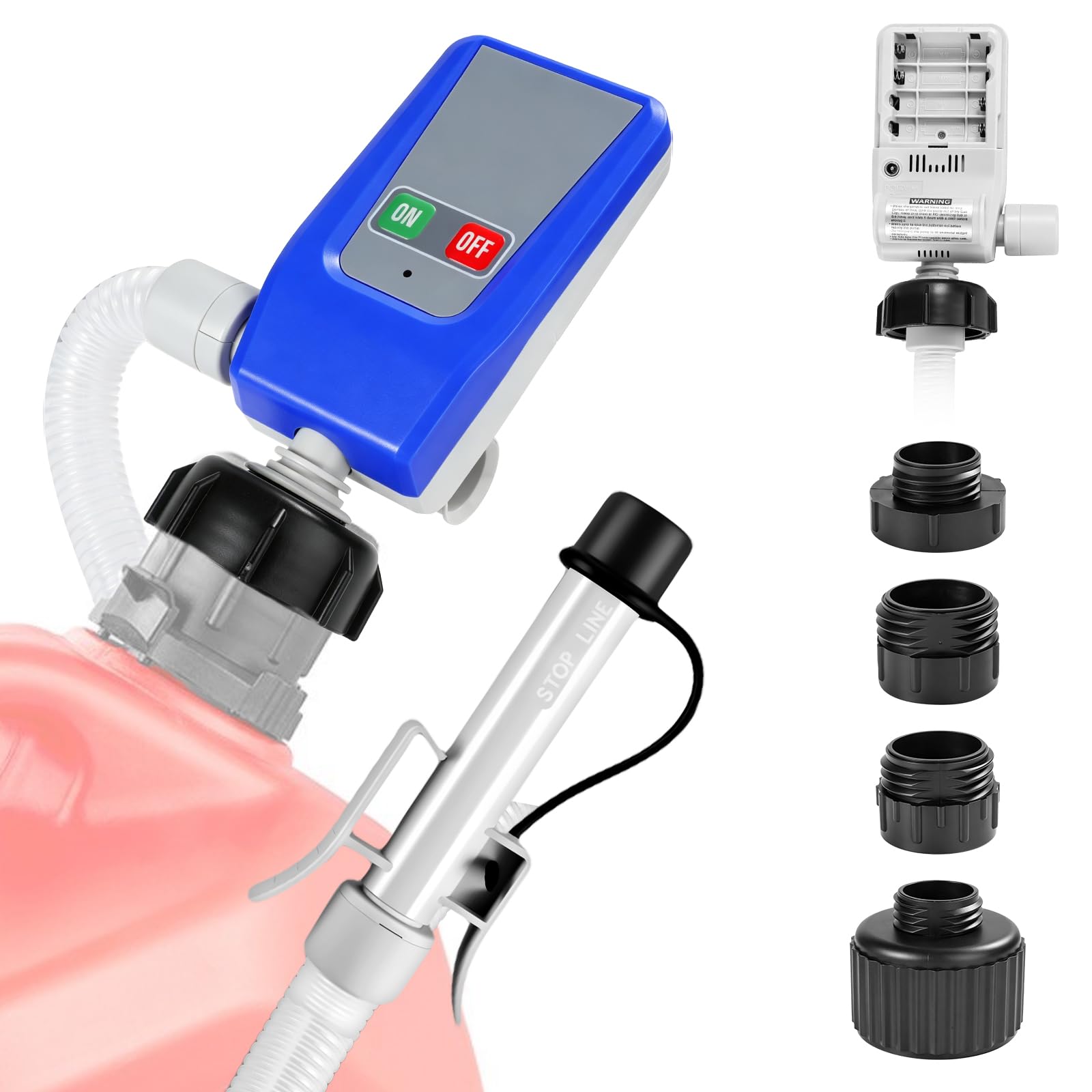 Pompe à Essence Électrique à Piles, 3,2 GPM Fuel Transfer Pump pour Essence | Pompe à Carburant avec Capteur d'arrêt Automatique 12 L/min, Tuyau de 1,3 m, 4 Adaptateur de Réservoir pour Diesel, Huile Eau