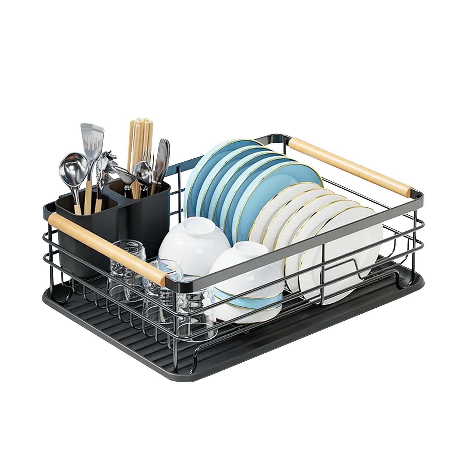 ATEK Draining Board Rack with Drip Tray Wooden Handle, Dish Drying Rack