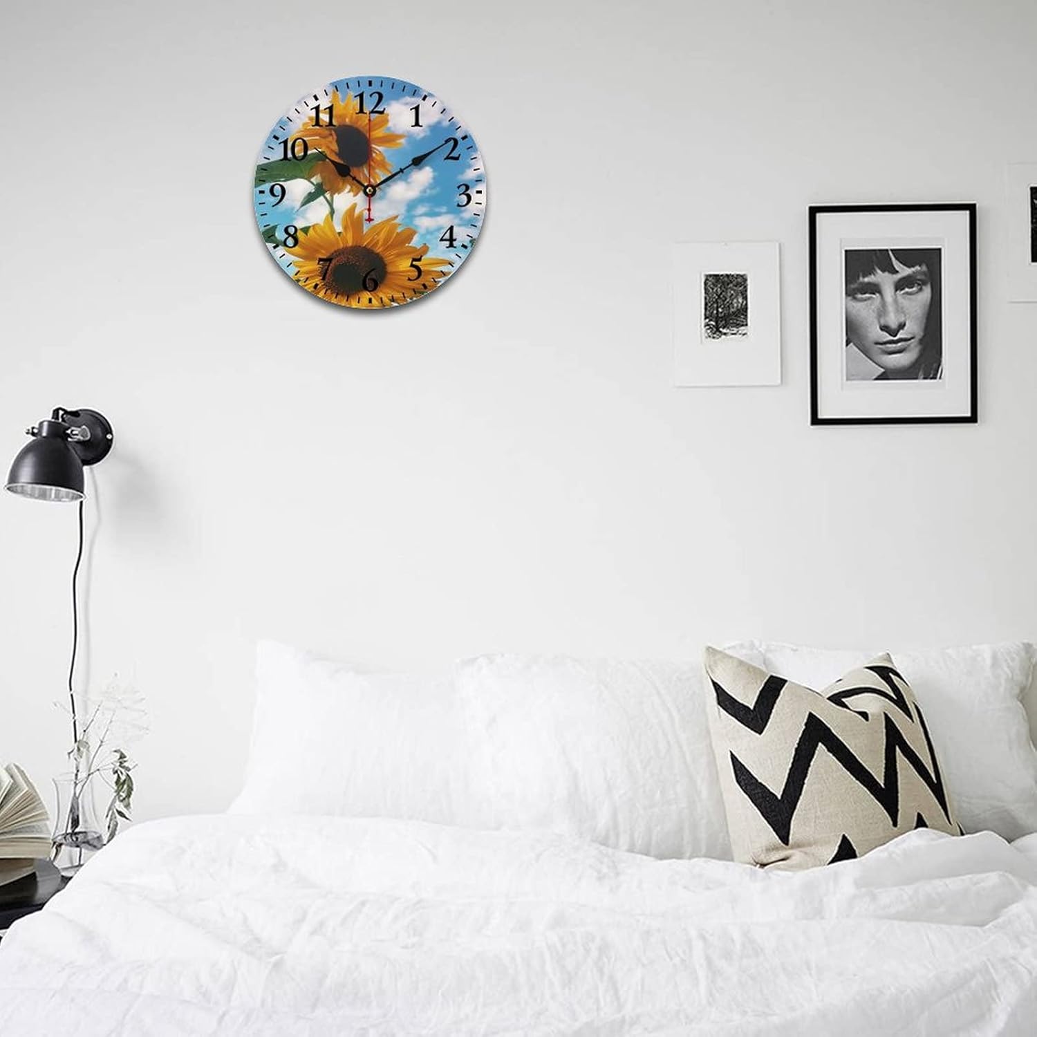 Wall Clock Yellow Sunflower Round Wooden Decorative Silent Non-Ticking Battery Operated Summer Holiday Sunflower Clocks 12 Inch Kitchen Dining Room Large Numbers Wood Clock