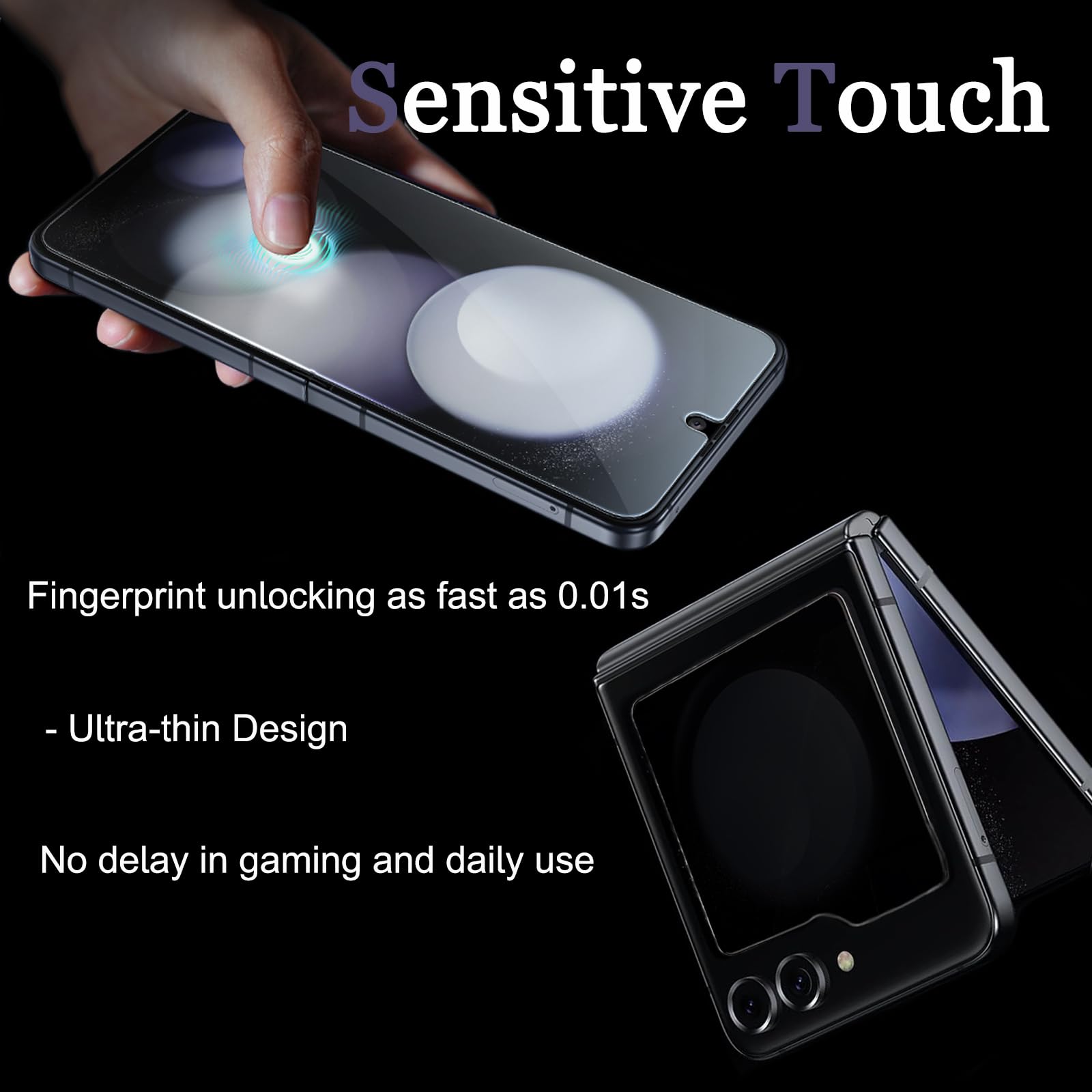 Folia ochronna na ekran Samsung Galaxy Z Flip 5, 2 sztuki wewnętrznej miękkiej folii TPU + 2 szt. ochraniaczy ekranu ze szkła hartowanego z przodu, przyjazne dla etui, wrażliwe na dotyk