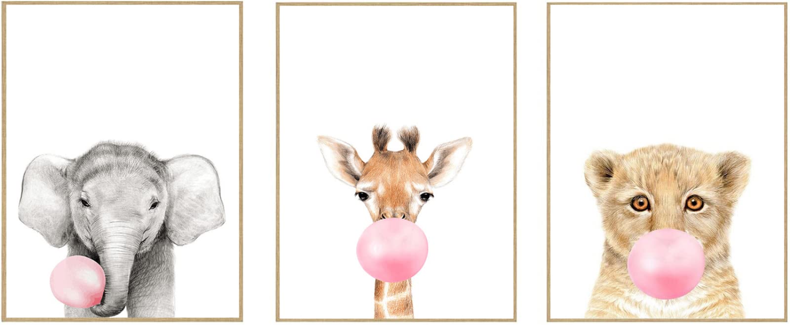 Mular 3 Pieces Cute Animal Giraffe Elephant Pink Balloon Poster Nursery Canvas Wall Art Prints For Home Kids Bedroom Decor-16 x24 x3P