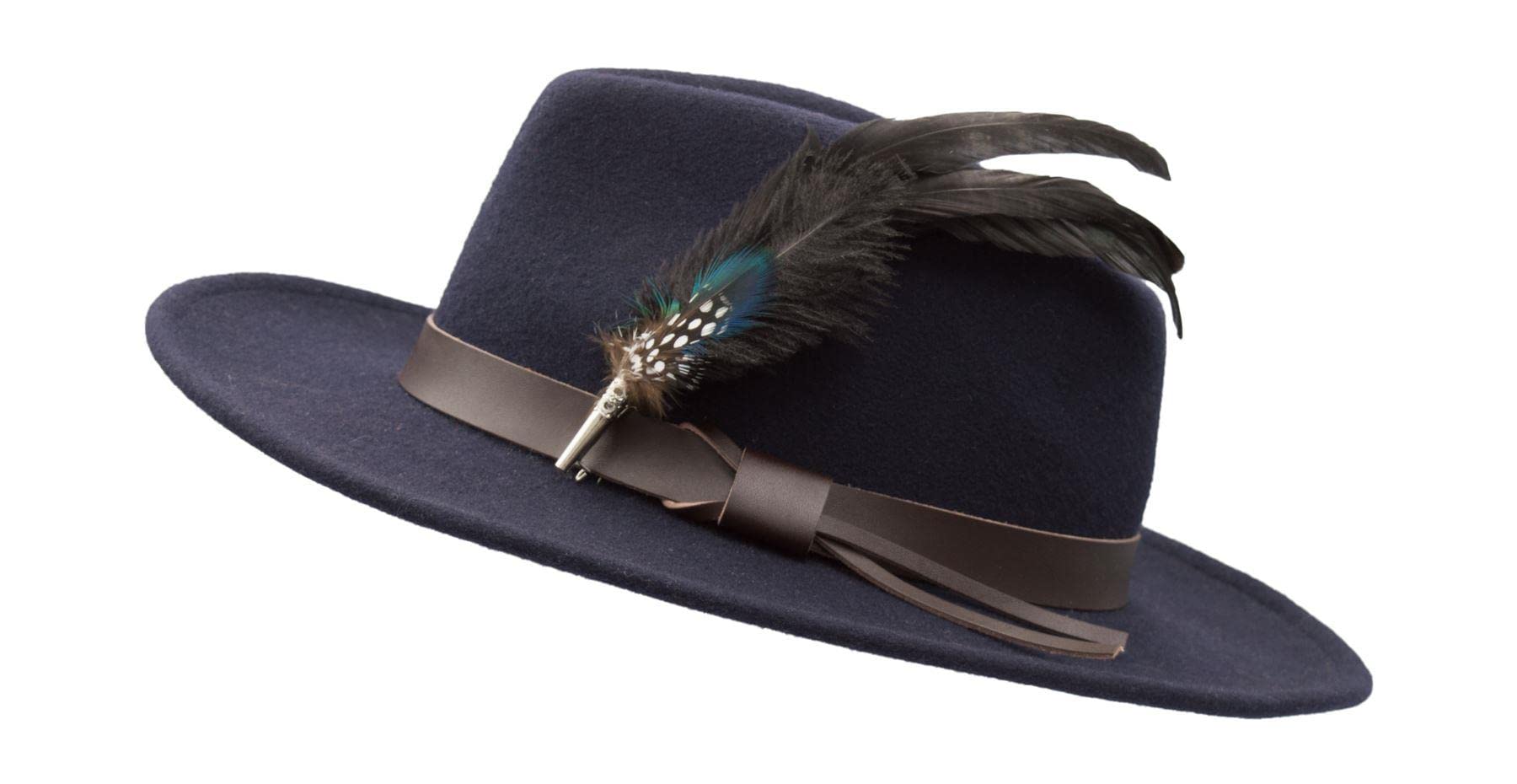 Walker And Hawkes Unisex Navy - Richmond Fedora Crushable Felt Hat W/Leather Trim And Feather Brooch - Large (59Cm)