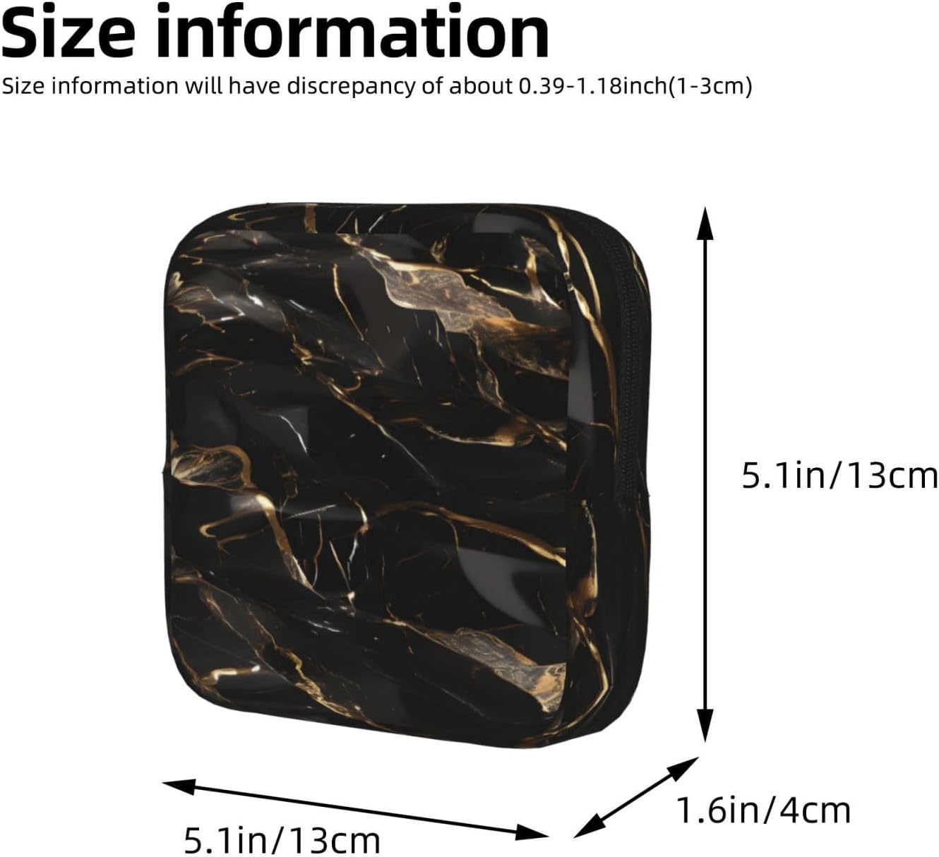Black Gold Marble Print Women Period Bag Sanitary Pouch Portable Pad Pouch Tampon Holder Small Zipper Pouch Storage Bag