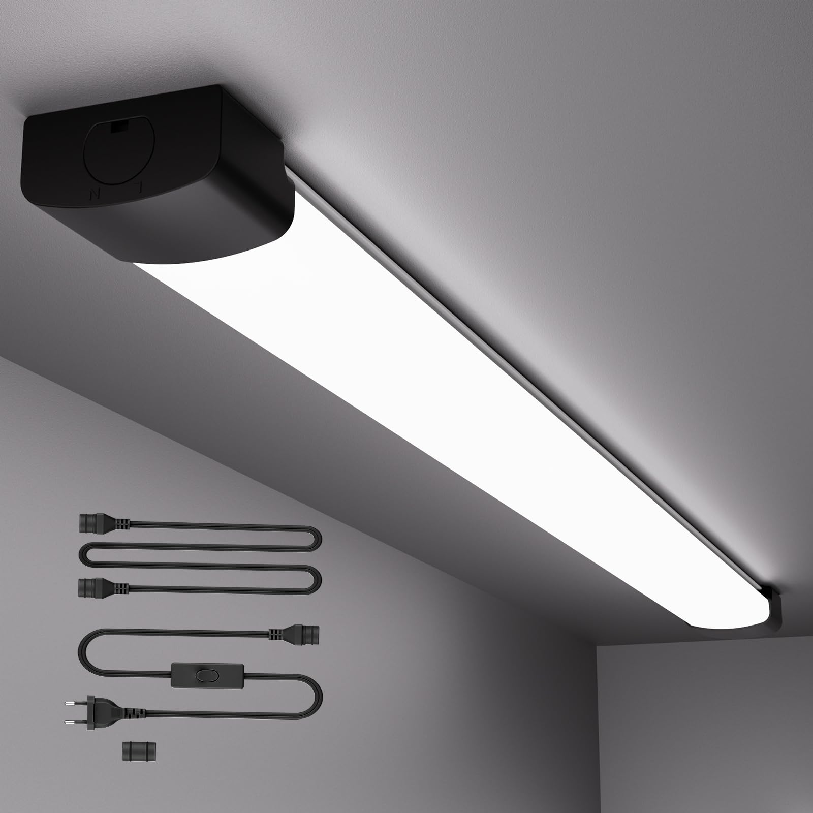 ANTENLICHT LED Feuchtraumleuchte 120CM mit Stecker und Schalter Plug und Play, Einfache Reihenschaltung Werkstattlampe mit 36W 5000k Kaltlweiß 3960Lumen, Wasserfest für Keller Garage, Schwarz