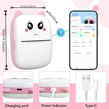 Mini Sticker Printer with 10 Rolls Paper, Thermal Printer Portable Sticker Maker, Bluetooth Inkless Printers Compatible with iOS & Android, Pocket Impresora Portatil for Notes, Journal, DIY, Kids Gift