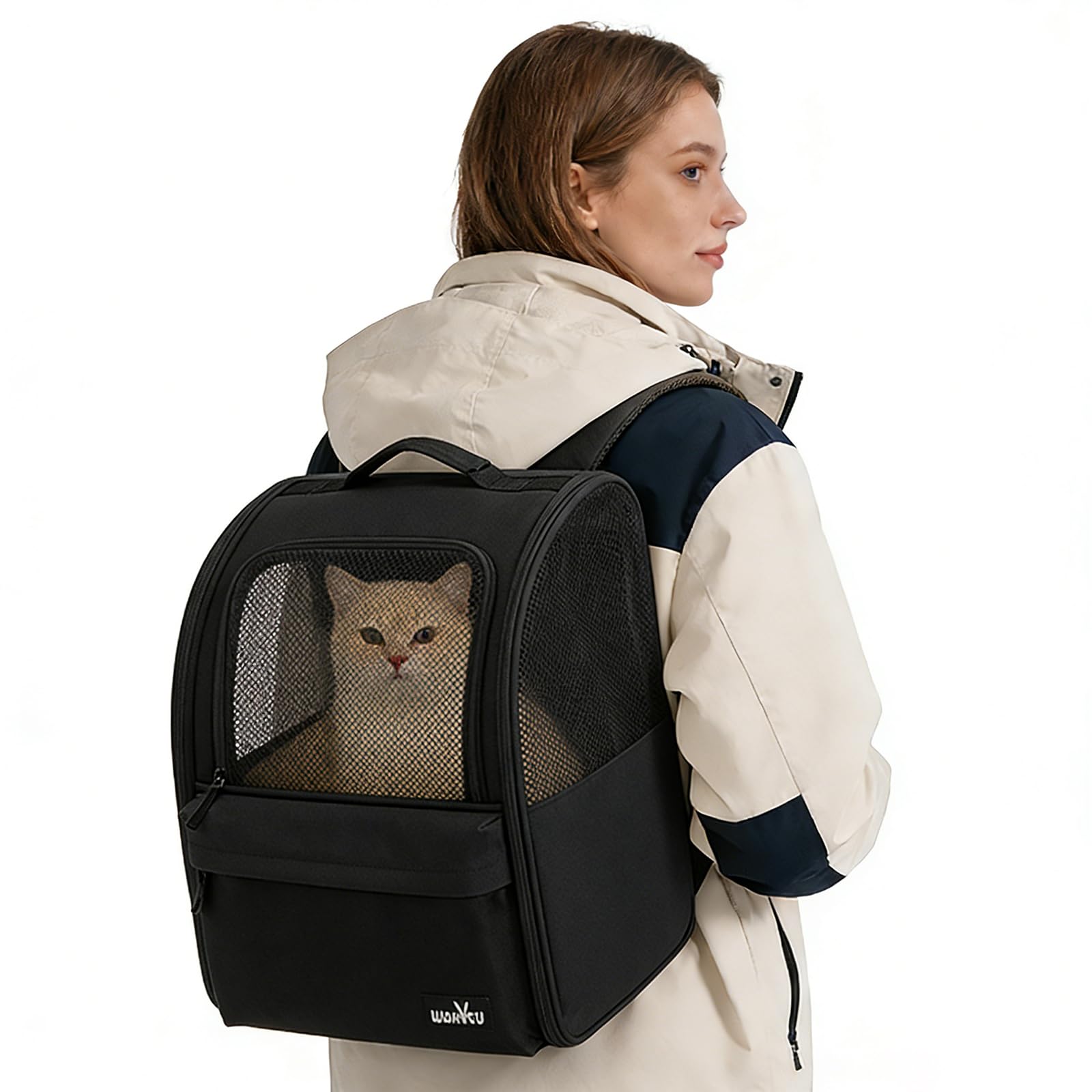 Wakytu Cat Carrier Dog Backpack, steel wire frame for higher stability, 600D durable Oxford fabric, cat and dog carrier backpacks for travel (Black, 2-7kg)