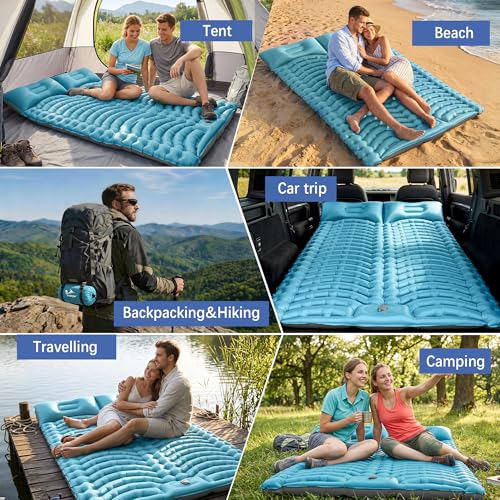 Image of Double Sleeping Pad for Camping - Ultralight Camping Mattress with Pillow, Built-in Foot Pump, Compact Inflatable 2-Person Portable Mat for Backpacking, Hiking, Car Traveling, Beach, Tent