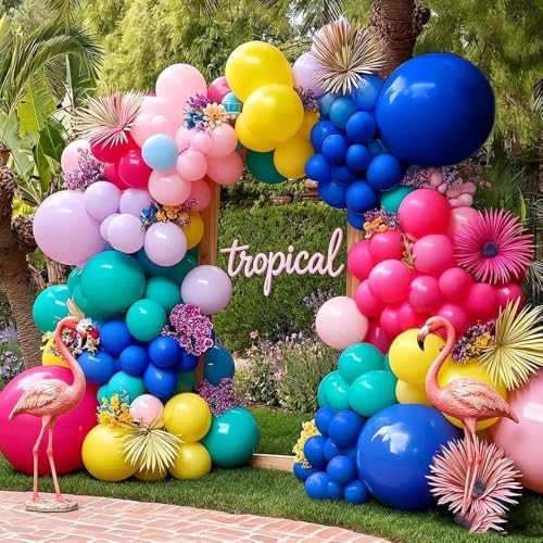 Image of Hot Pink Blue Yellow Balloon Garland, Double Stuffed Royal Blue Teal Lavender Balloons Pastel Balloon Arch Kit for Tropical Hawaii Graduation Birthday Baby Shower Party Decorations