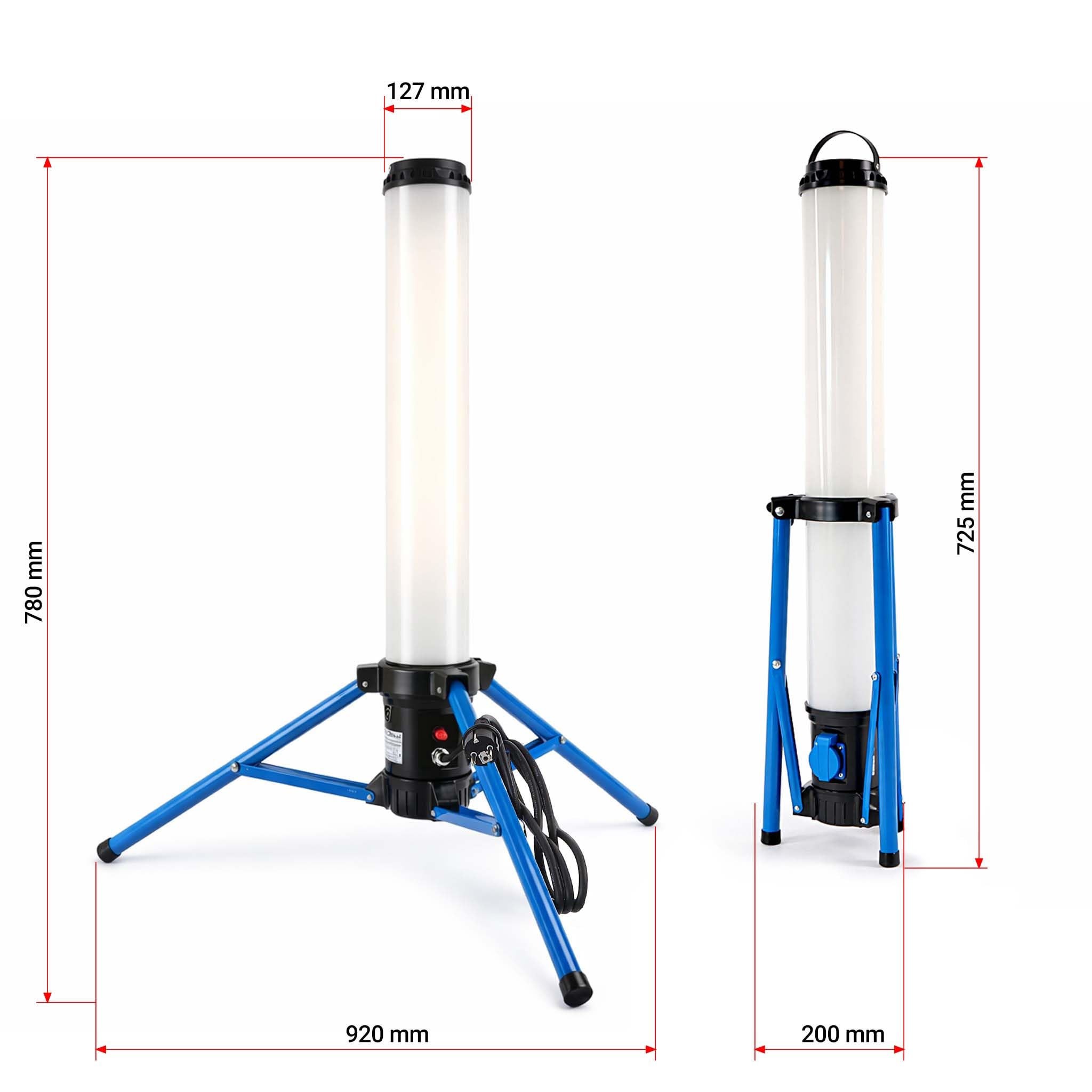 XPOtool LED Tower 100W 360° Ausleuchtung Baustrahler 10.000 Lumen Arbeitsstrahler mit Steckdose