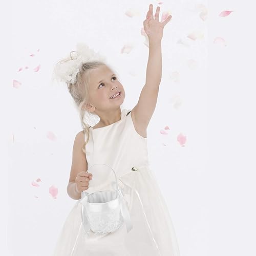 Miniatura 6 de TRUE LOVE GIFT Juego de almohada portadora de anillos y cesta de niña de flores de boda, diamantes de imitación de perlas, colección de encaje