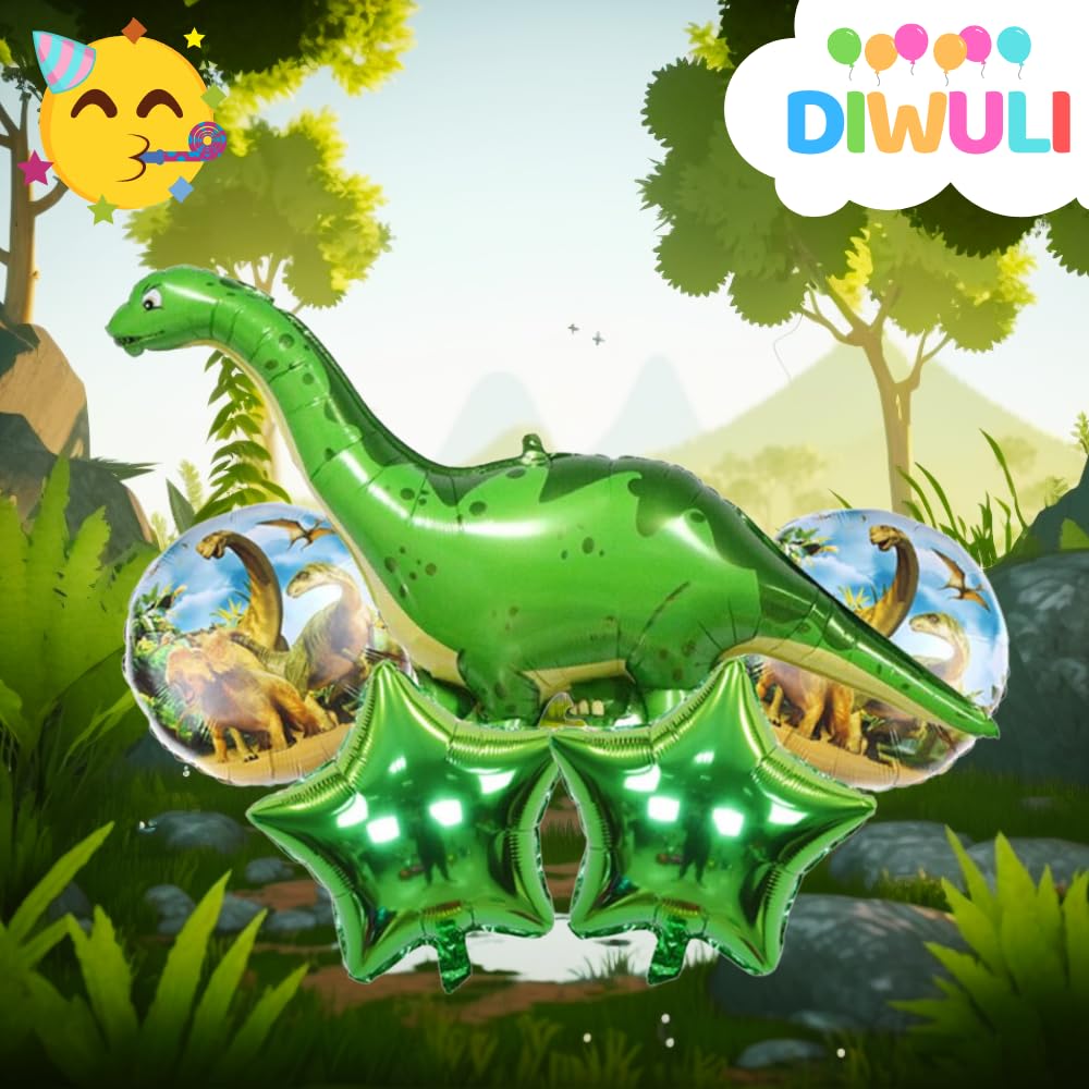 Dino-Ballon-Set Für Kindergeburtstage – 5-teilig Mit XXL-Dino, Sternen & Aufblashalm, Für Luft Oder Helium