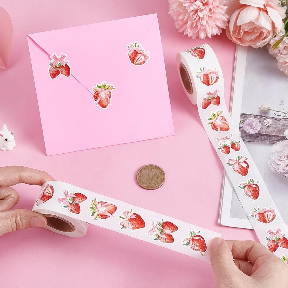 PH PandaHall 1000pcs Strawberry Coquette Sticker, Cute Fruit Stickers Watercolor Pink Bow Paper Decal Self Adhesive Strawberry Seal Label Decals for DIY Party Card Candy Cookie Bag Gift Supplies,1 in image 3