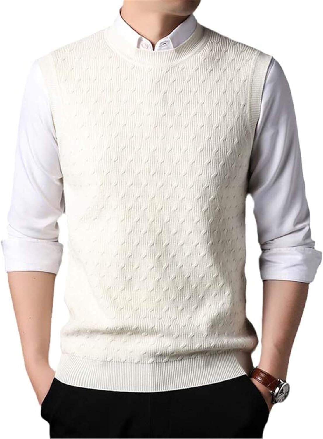 Hauts tricotés en laine pull sans manches homme vêtement automne hiver blanc M