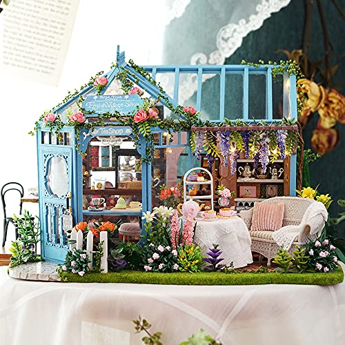 Image of TuKIIE DIY Miniature Dollhouse Furniture Kit, 1:24 Scale Creative Room Wooden Doll House Accessories Plus Dust Proof & Music Movement for Kids Teens Adults(Rose Garden Tea House)