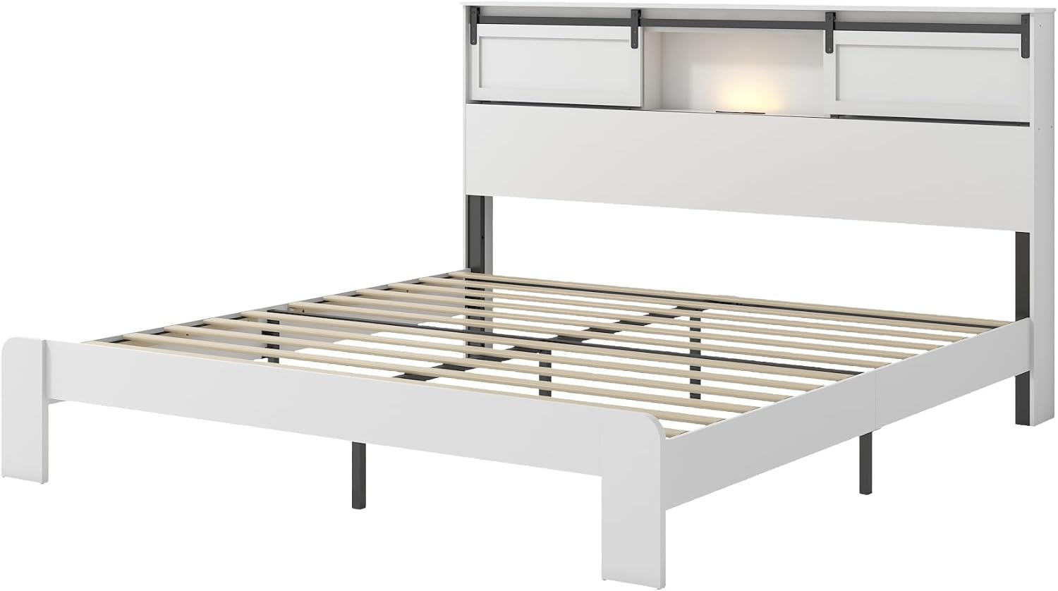 Ball & Cast King Bed Frame with Storage Headboard & Built in Charging Station,Farmhouse Platform Bed Frame Queen Size with Wood Slats Support,No Noise,No Box Spring Needed, White