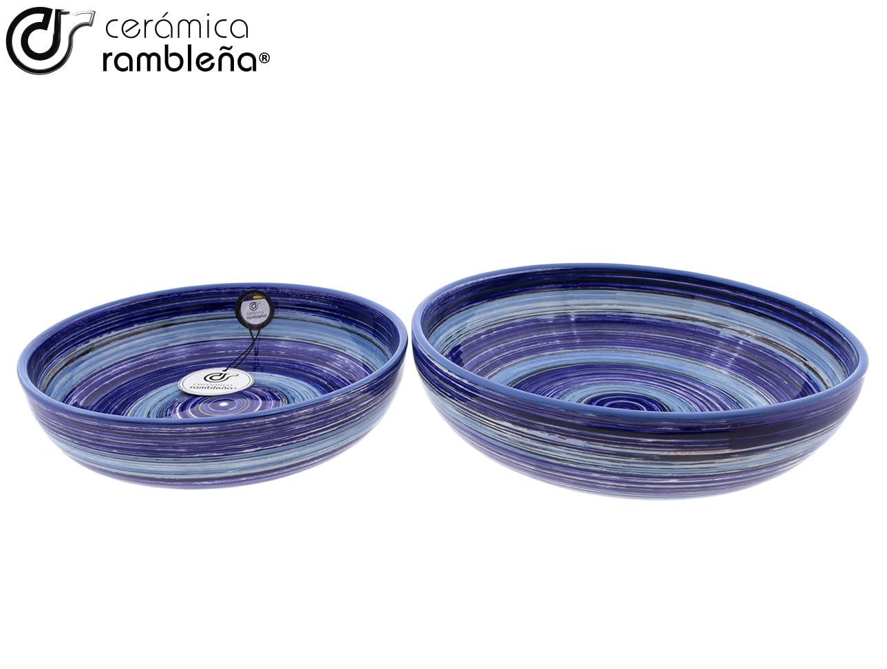 CERAMICA RAMBLEÑA | Ceramiczna salaterka | Oryginalne salaterki | Zestaw x2 Salaterki Dekoracja Tęcza Niebieski - Model 26 | 100% ręcznie robiona dekoracja | 23x23x5.5 cm + 27x27x7 cm