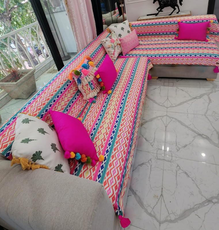Image of Rainbow L Shape Colourful Sofa Cover: Corner Tassels: L-Shaped 6 Seater Corner Sofa Cover - Fits 3+2+Corner Sofa - Seat & Back -7-Pc Set: 3 Seat Covers, 2 Back Covers & 2 Armrest Covers (3+2+Corner)