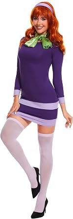 Halloween 5pcs Costume Long Sleeve Bodycon Purple Mini Dress with Scarf