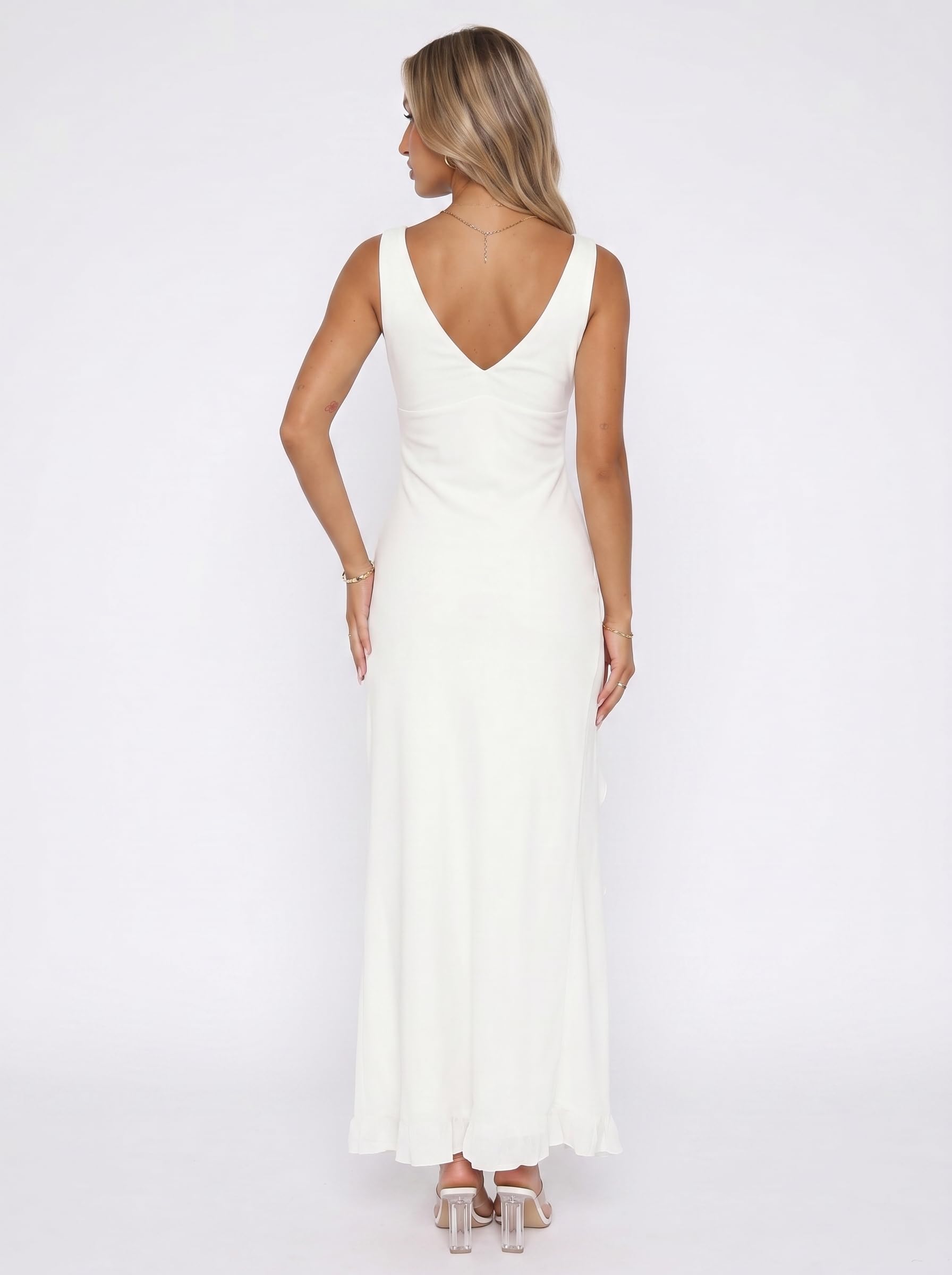Vestito Donna Elegante Senza Maniche Scollo a V Maxi Abito con Volant e Spacco Estivo Vestiti Lungo in Rete Sexy Aderente Abiti Schiena Scoperta per Cerimonia Casual Festa Matrimonio