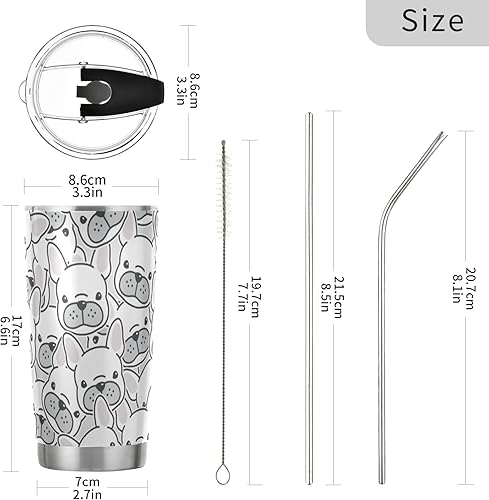 Miniatura 3 de xigua Vaso de 20 onzas con tapa y pajilla, vaso de acero inoxidable aislado al vacío para agua y café, taza de viaje de bulldog francés, taza