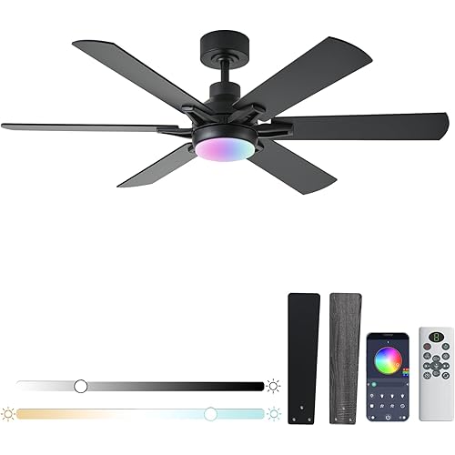 52in Ceiling Fans with Lights RGB Ceiling Fan with Light and Remote/APP Control,Low Profile Ceiling Fans with Lights for Bedroom,Living Room,Kids Room,3CCT Dimmable Modern Ceiling Fan, 6 Speeds,black