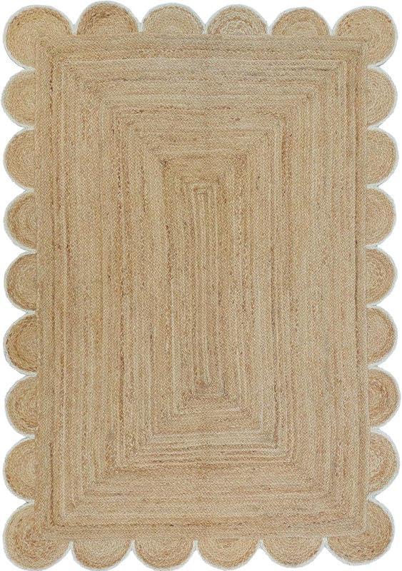 Trademoon Alfombra cuadrada de yute festoneado de alta calidad con borde blanco de 3 pies | Alfombra festoneada bohemia | Alfombra trenzada natural hecha a mano para sala de estar, dormitorio, entrada