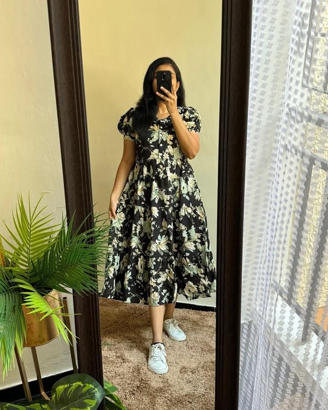 Image of Floral Midi Dress for Women - Summer Boho Dress, Lightweight & Breathable, Elegant Floral Print, Casual & Vacation Outfit, Comfortable Flowy Dress for Women