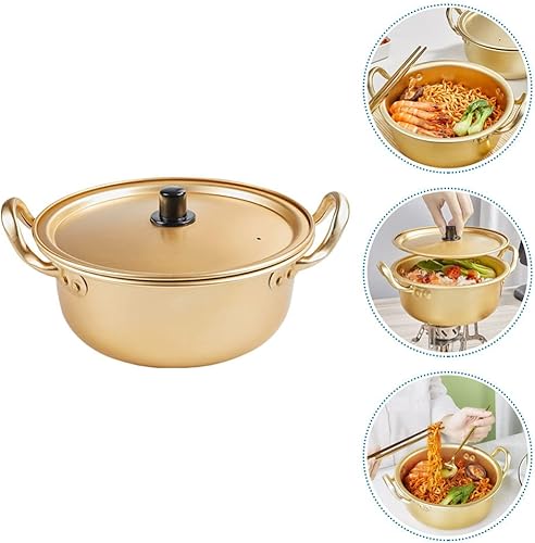 Miniatura 7 de Vaguelly Olla de fideos coreanos de 3 piezas, olla de ramen de aluminio, olla de cocción de ramen coreano con tapa y doble asa de calentamiento