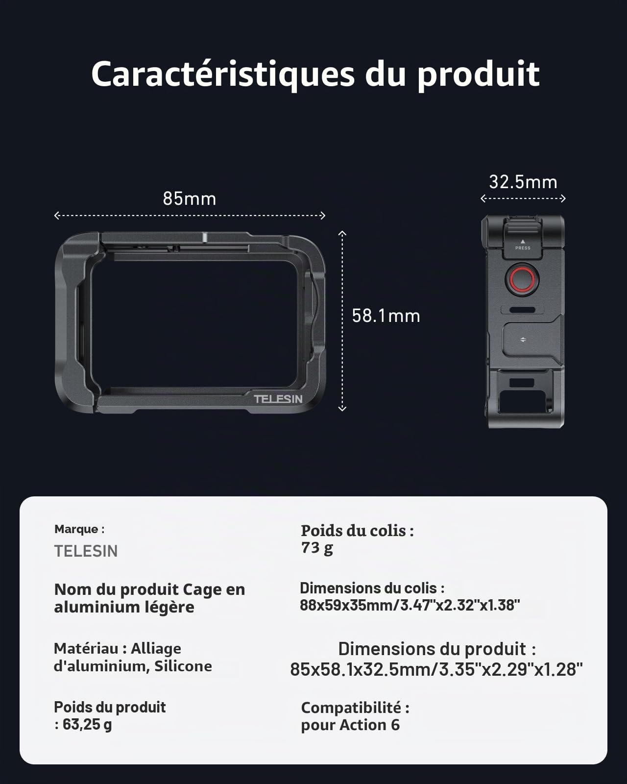 TELESIN Étui de protection en alliage d'aluminium pour DJI Osmo Action 6 avec lumière LED magnétique, boîtier en métal à dégagement rapide de type cage de lapin, vis 1/4" et sabot Cold Shoe, pour vlog