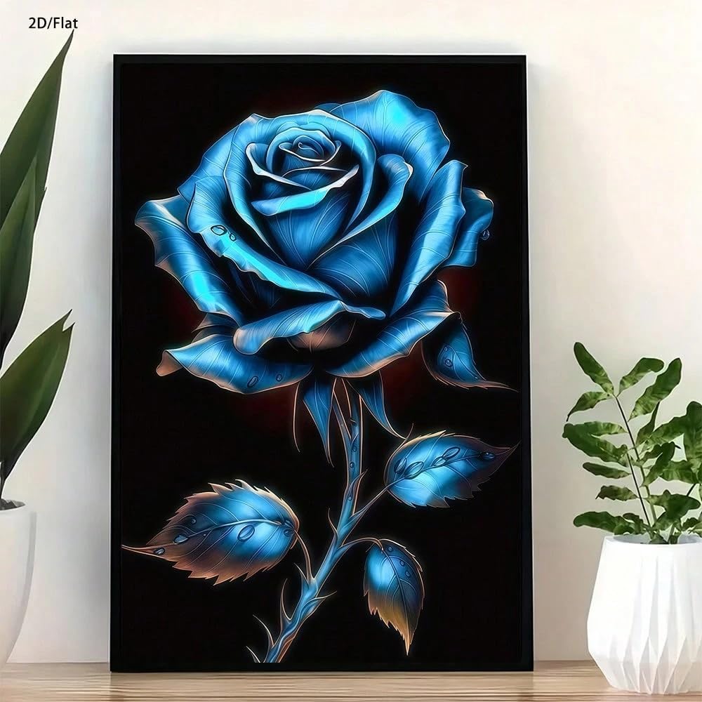 VCBNUGH Stampa su tela con motivo floreale metallizzato, decorazione murale con fiori blu a forma di goccia di rugiada, poster su tela, quadro per la decorazione della casa (50x70 cm/con cornice)