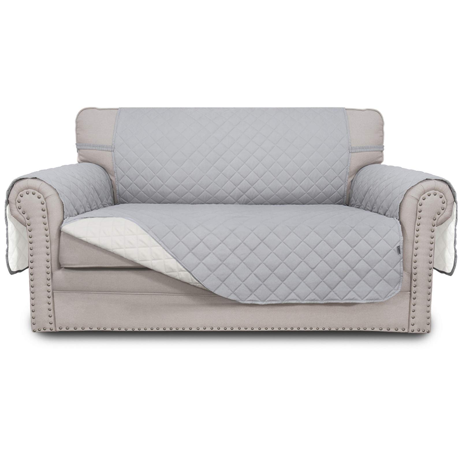 Easy-Going Reversible Loveseat Couch Cover for 2 Cushion Couch Sofa Cover for Dogs Water Resistant Furniture Protector with Foam Sticks Elastic Straps for Pet (Loveseat, Light Gray/Ivory)