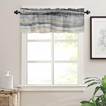 Coastal Beach Valances - Black Gray Kitchen Curtains - Abstract Black Wave Window Treatment - Modern Ombre Valances for Living Room Bedroom - 60"x18"