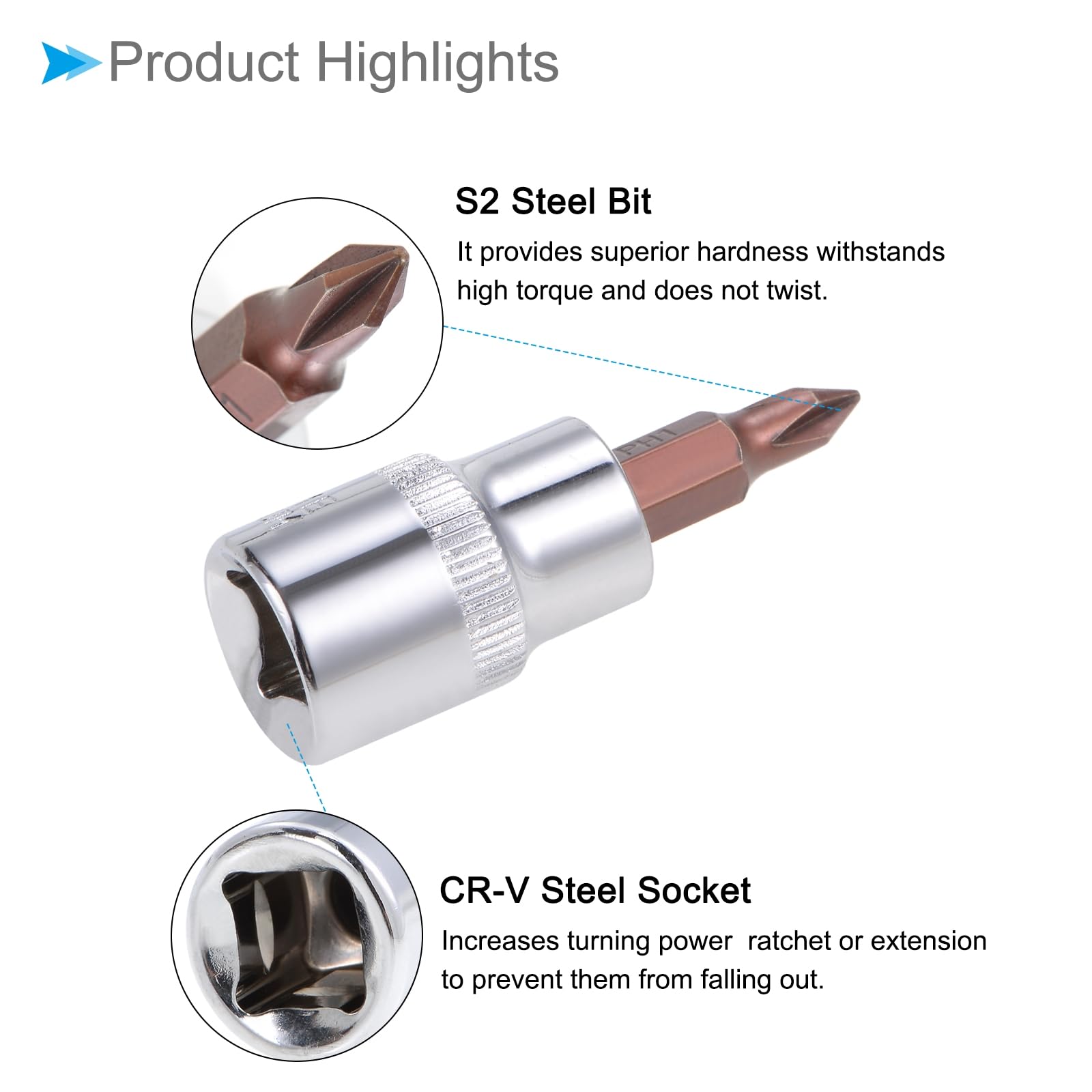 CoCud Phillips Bit Socket, PH1 Bit 3/8" Drive 1.89" Long, S2 Alloy Steel Heat Treated CR-V Socket - Image 4