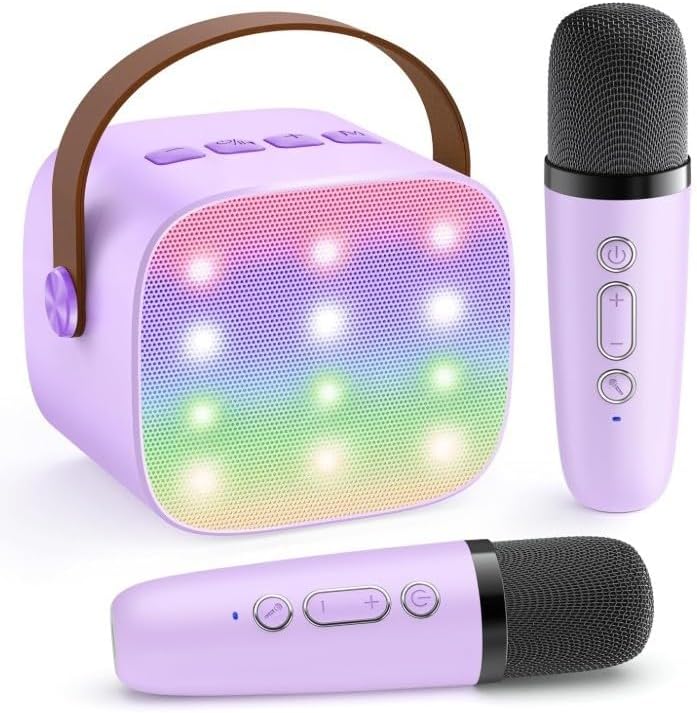 Mini Karaoke Machine with 2 Wireless Mics, Portable Bluetooth Speaker, Birthday Gift Toy for Kids Adults Girls 3-8+ Years Old
