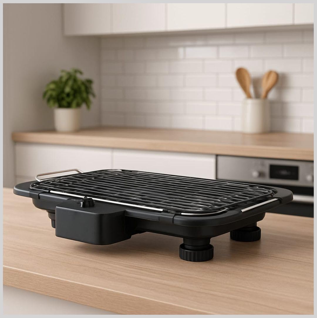 Griglia Elettrica con Supporto, Barbecue da Interno ed Esterno, Base Rimovibile con Gambe in Metallo, Nero, Griglia in Acciaio, Termostato Regolabile, BBQ, Potenza 2000W
